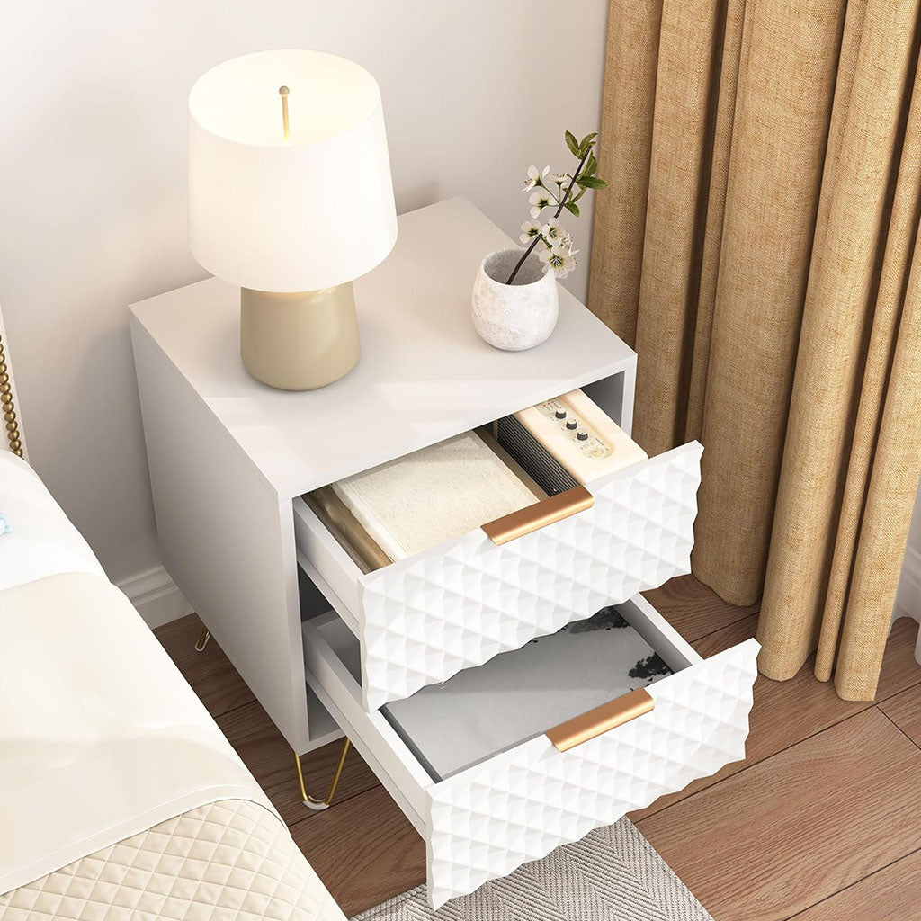 White faceted-front nightstand with both drawers open