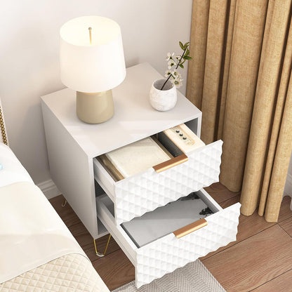 White faceted-front nightstand with both drawers open