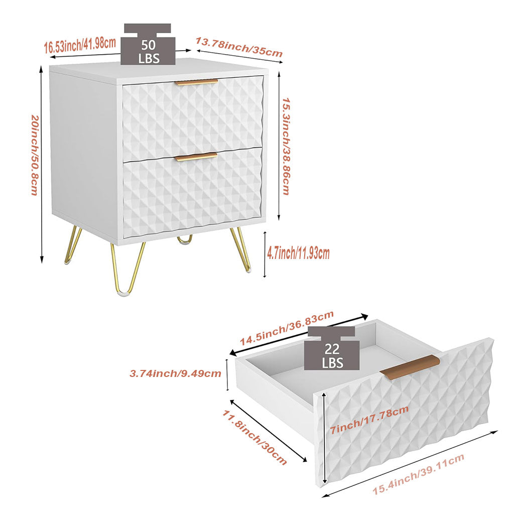Overall dimensions of white geometric two-drawer nightstand