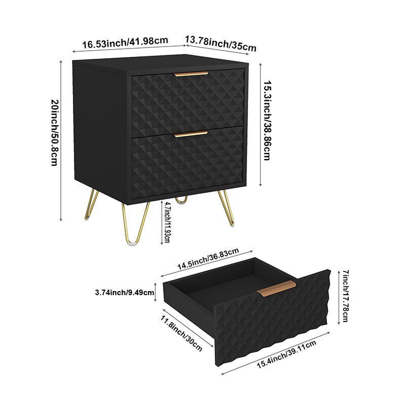 Overall dimensions of black geometric two-drawer nightstand
