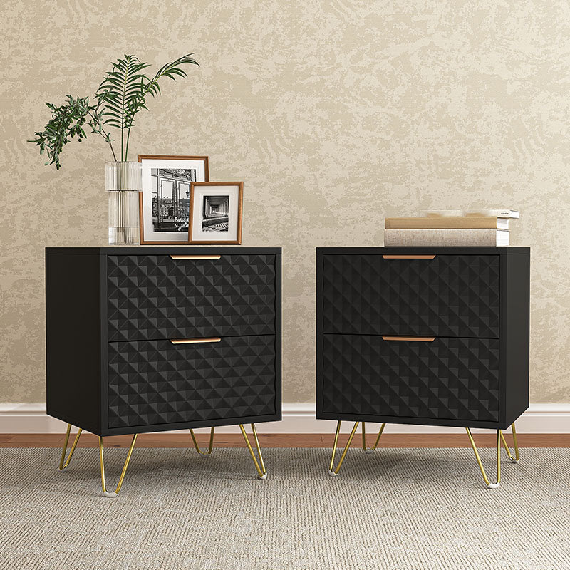 Pair of black geometric-front nightstands with metal legs
