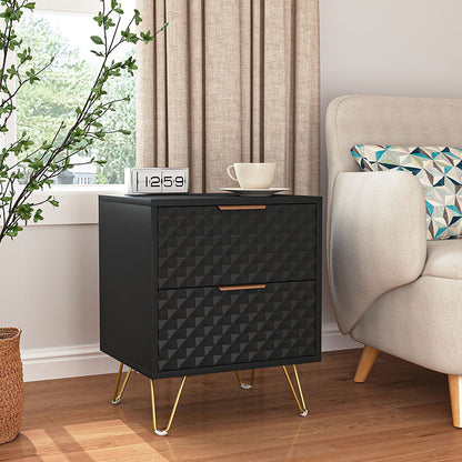 Black geometric nightstand used beside living-room seating