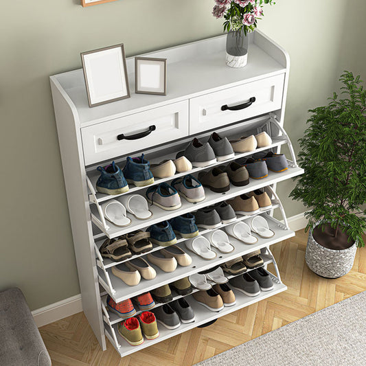 White shoe cabinet with all flip compartments and top drawers open