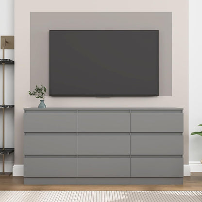 Gray wide nine-drawer dresser beneath a television