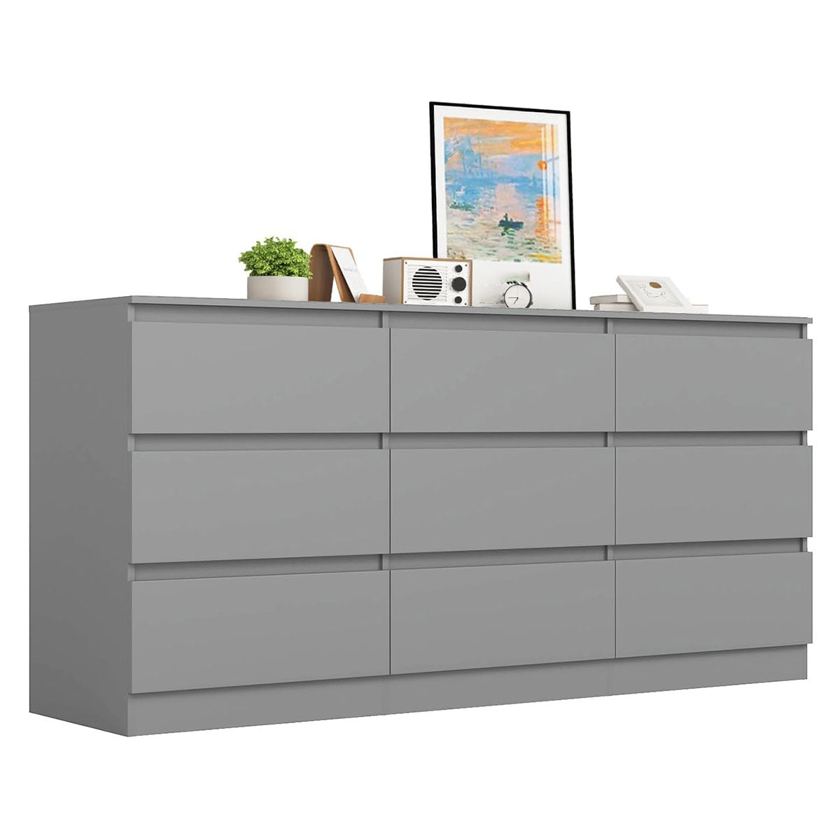 Angled view of gray handleless nine-drawer dresser