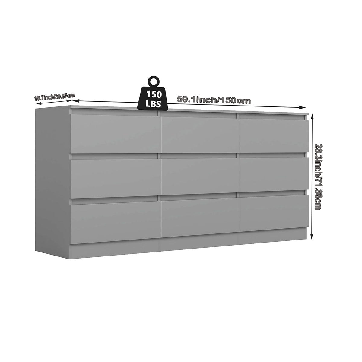 Overall dimensions of gray 59.1-inch nine-drawer dresser