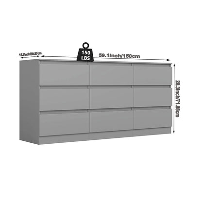 Overall dimensions of gray 59.1-inch nine-drawer dresser