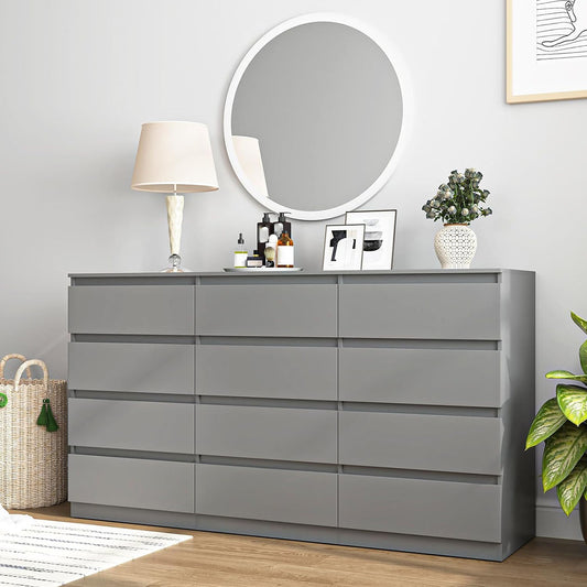 Gray twelve-drawer dresser with three columns in a furnished room