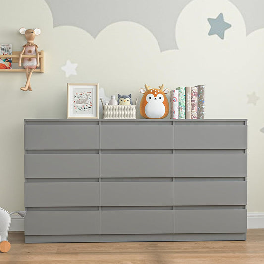 Gray wide twelve-drawer dresser styled with accessories