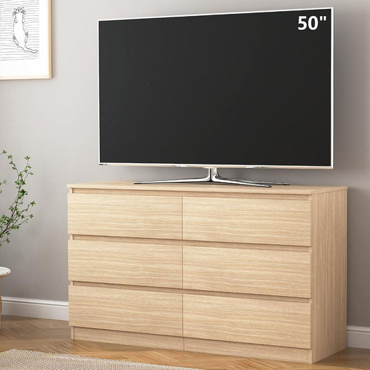 Natural wood-look 6-drawer dresser beneath a television