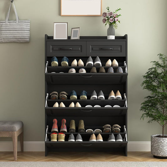 Black cabinet showing three open shoe compartments and two top drawers