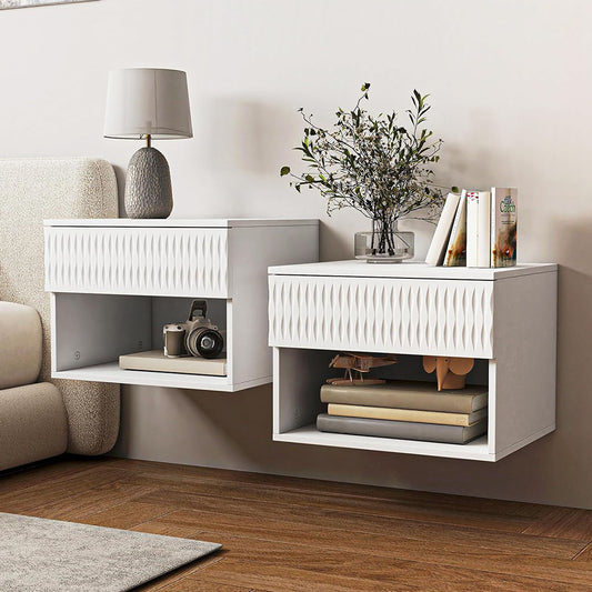 Pair of white floating nightstands with textured drawer fronts and open shelves