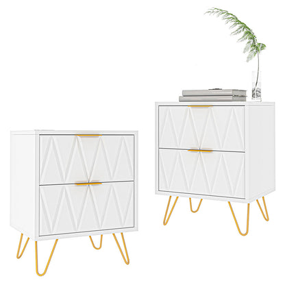 Pair of white chevron-front nightstands with gold-tone metal legs