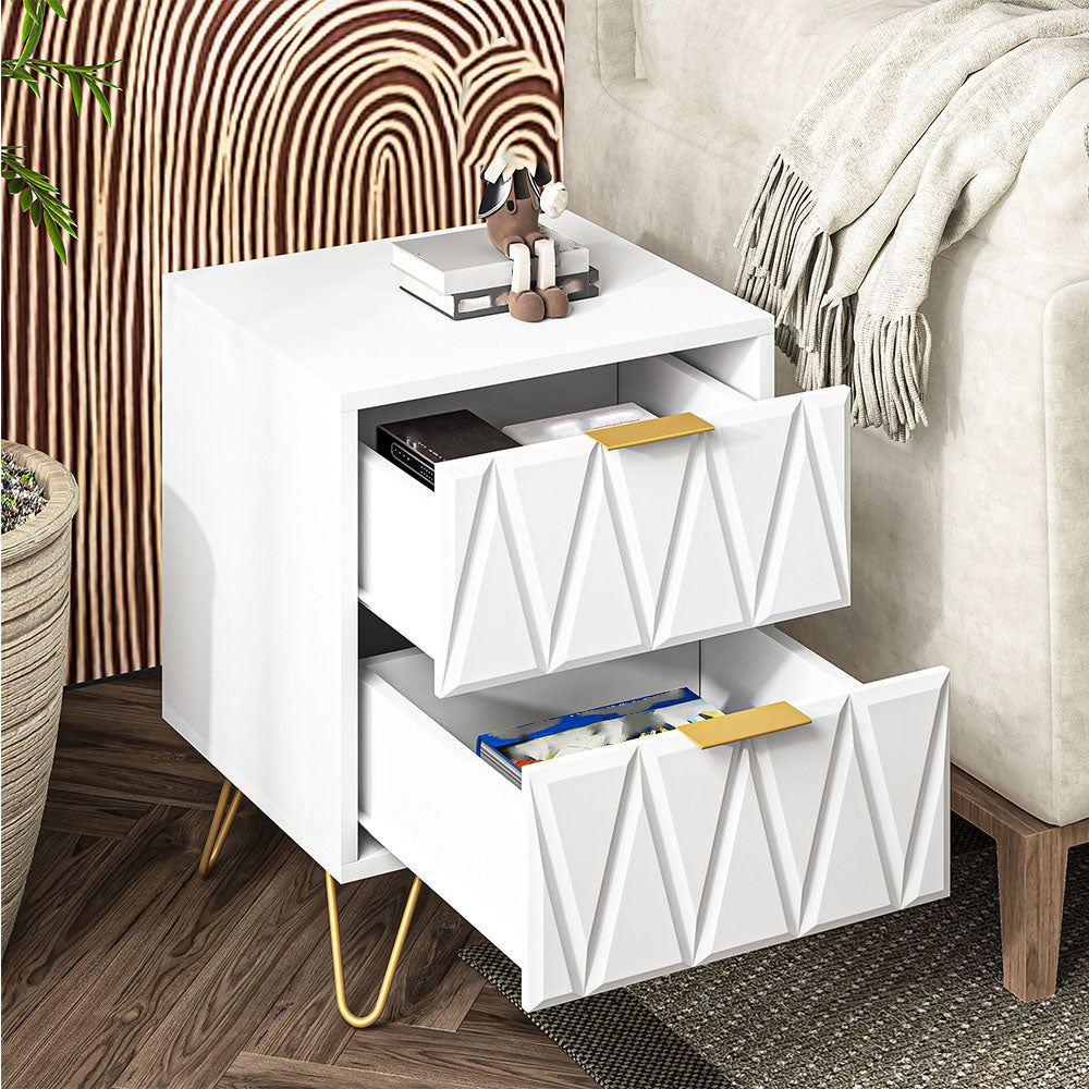 White chevron-front nightstand with both drawers open