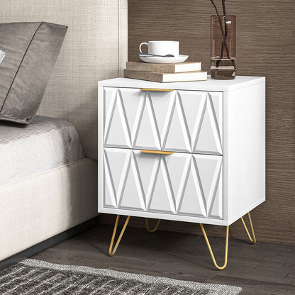 White chevron-front nightstand used as a side table