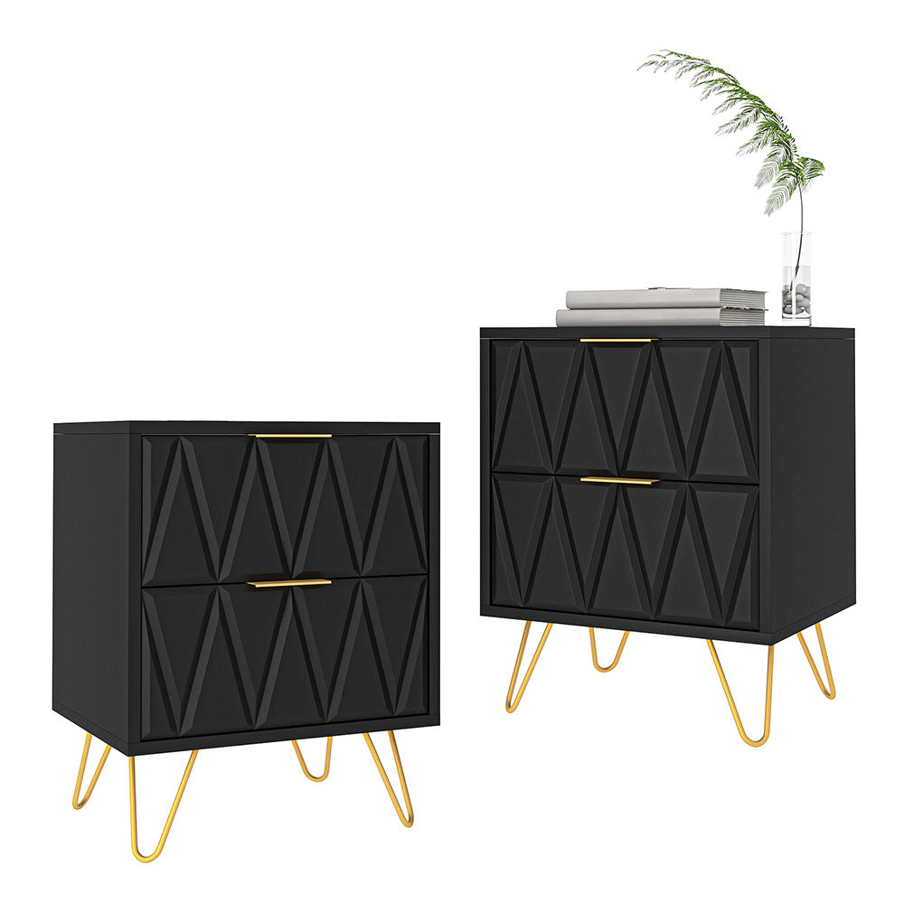Pair of black chevron-front nightstands with metal hairpin legs