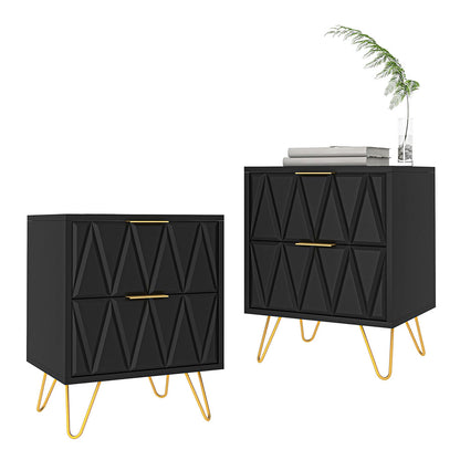 Pair of black chevron-front nightstands with metal hairpin legs