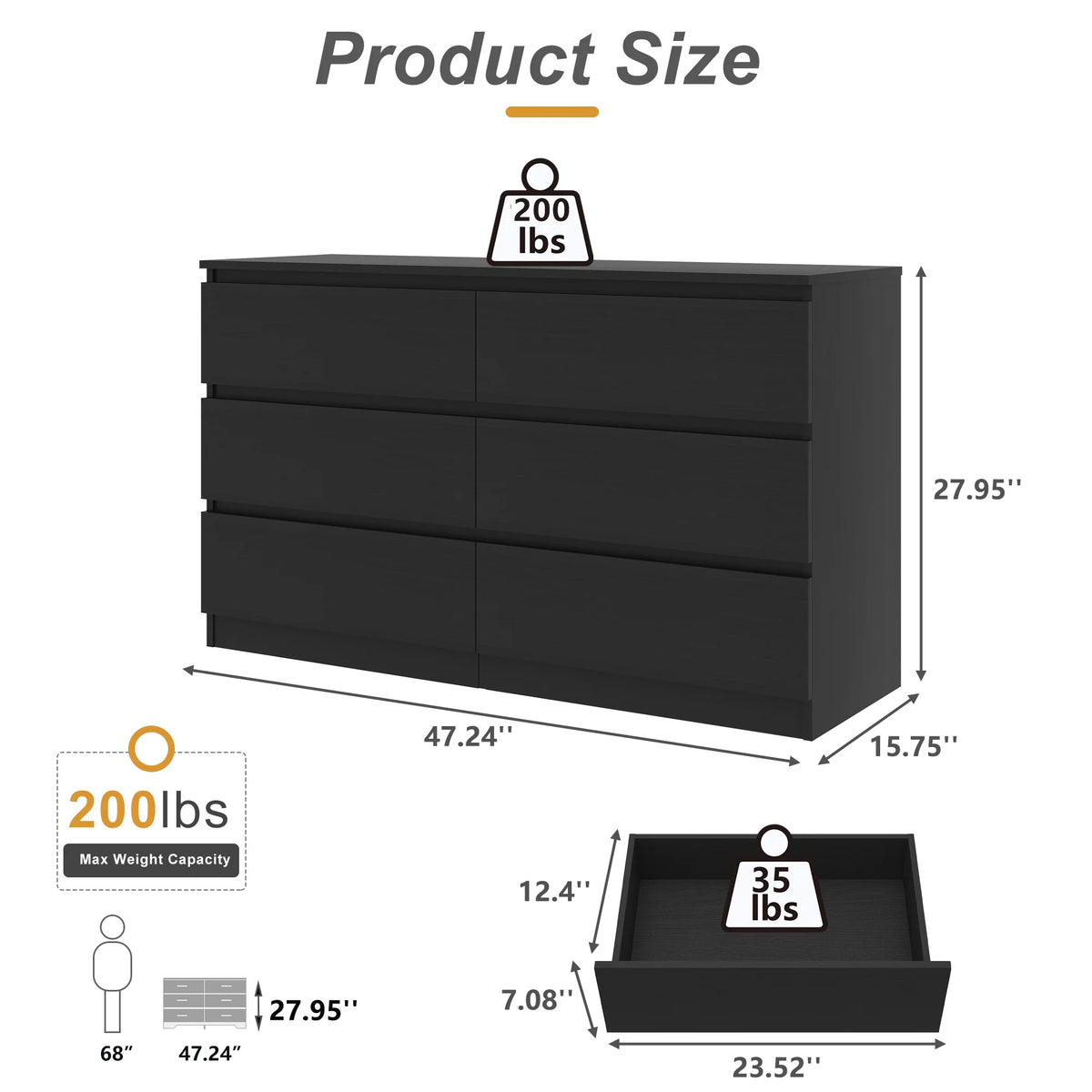 Black 6-drawer dresser with overall dimension labels