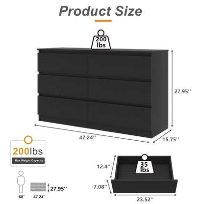 Black 6-drawer dresser with overall dimension labels