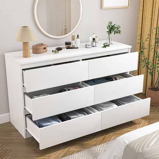 White handleless 6-drawer dresser with drawers open
