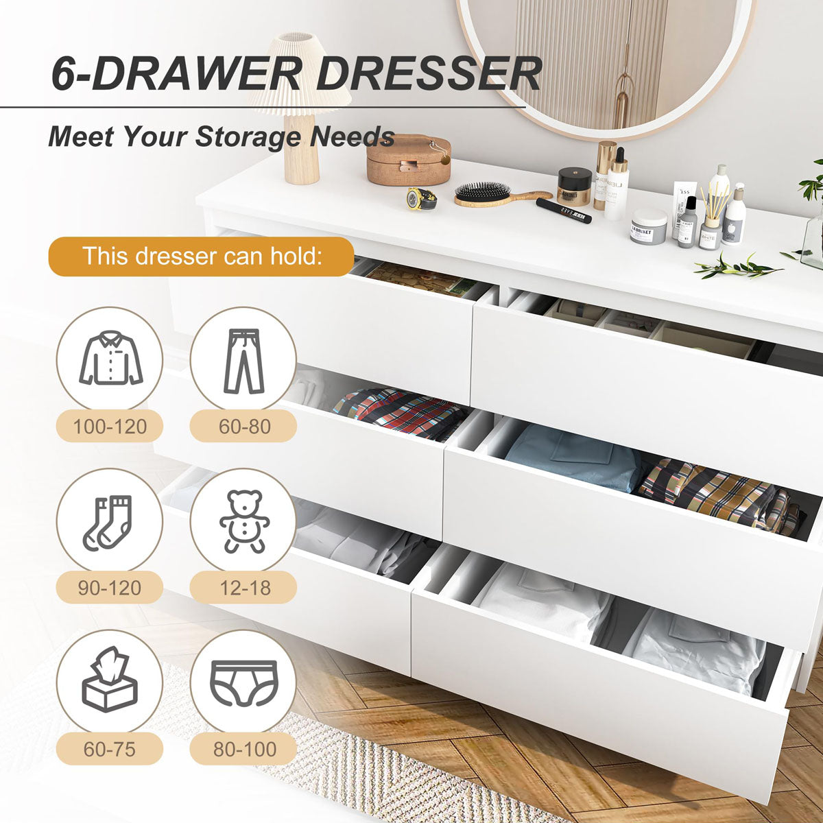 White dresser diagram showing drawer storage and dimensions