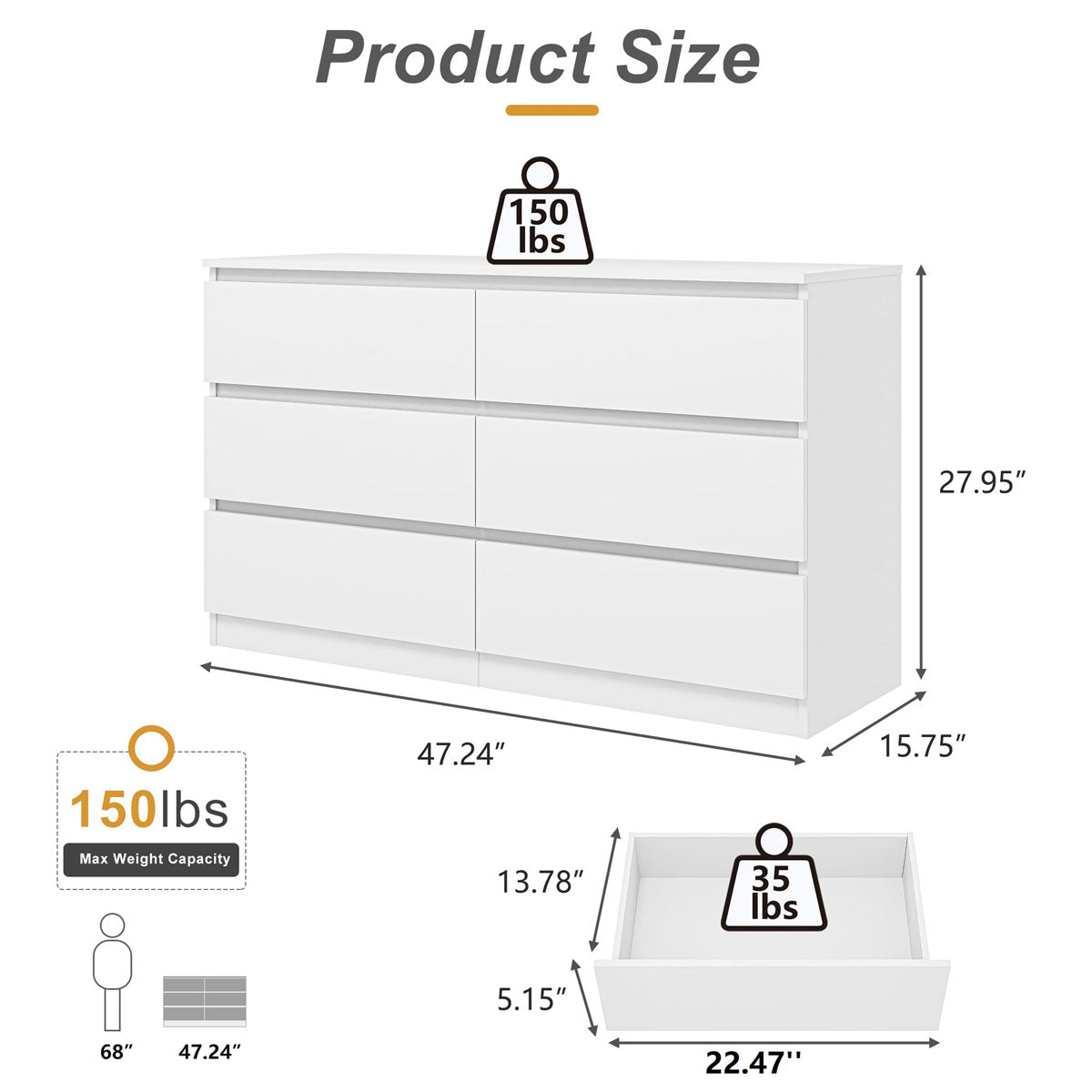 Overall dimensions of the white handleless 6-drawer dresser