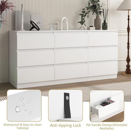 White dresser details showing the tabletop, anti-tip attachment and handleless drawer front
