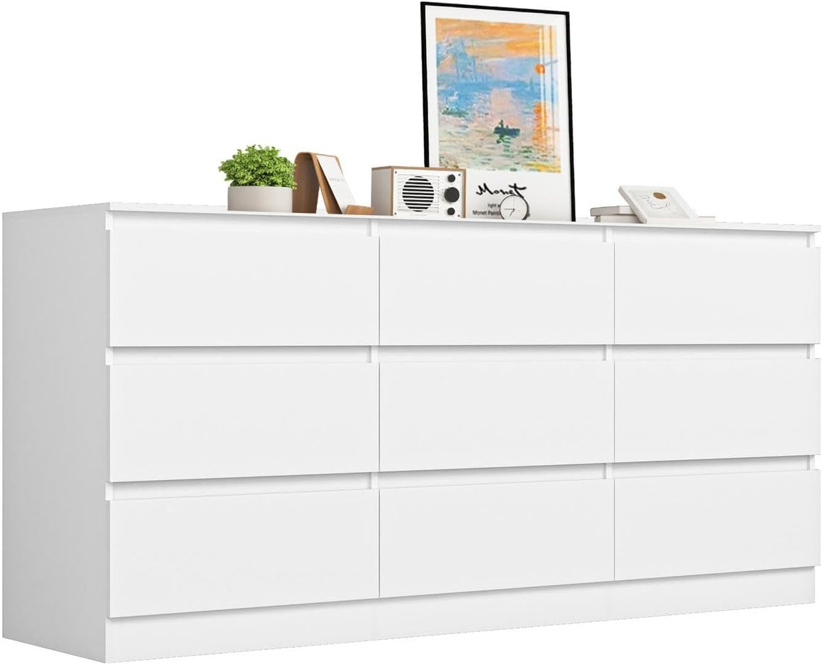 HOMMOO white nine-drawer handleless dresser shown from the front at an angle