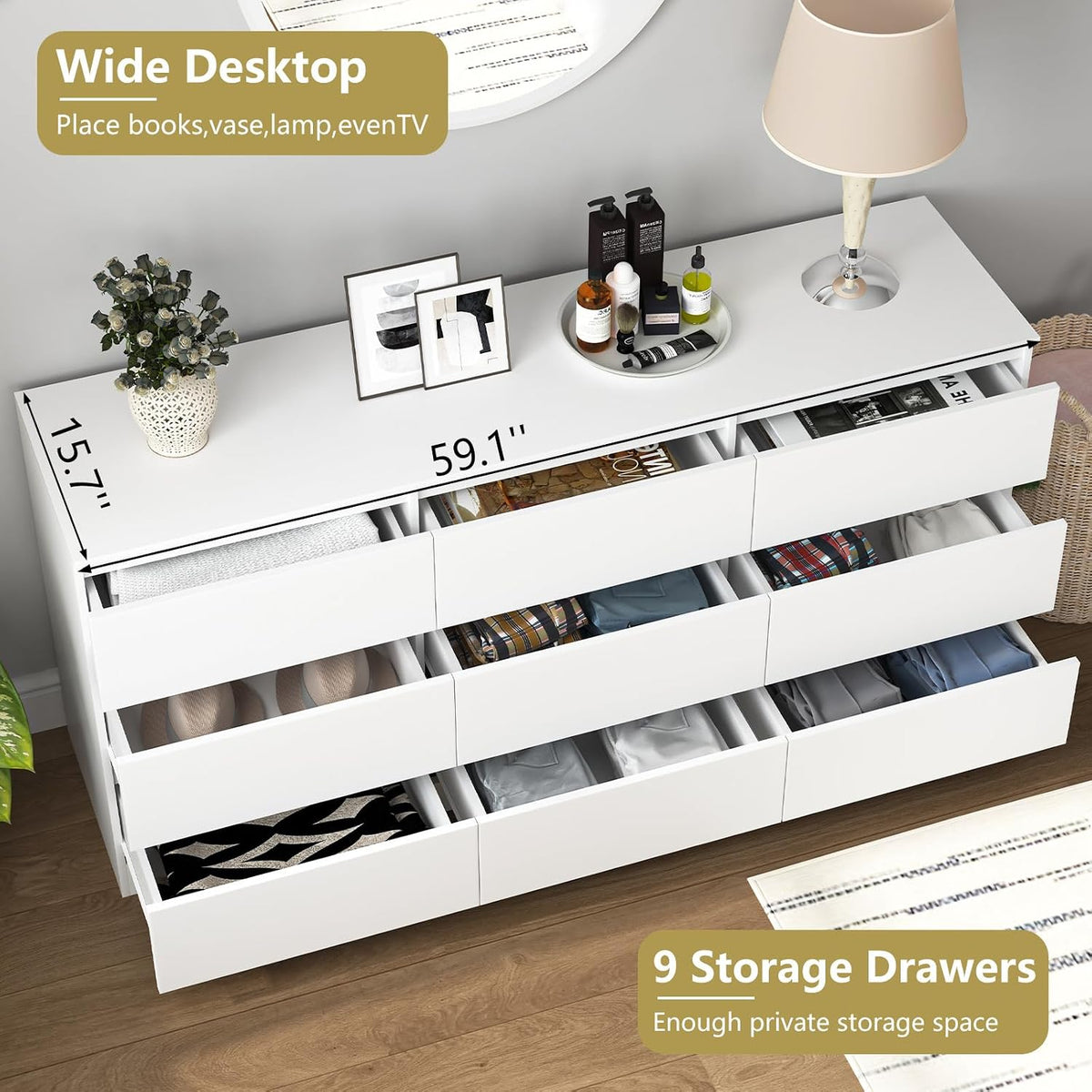 Nine-drawer dresser with drawers open showing clothing storage and a wide tabletop
