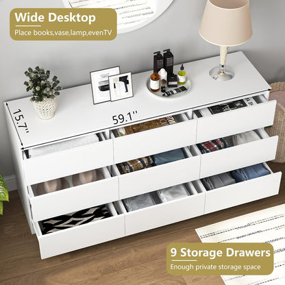 Nine-drawer dresser with drawers open showing clothing storage and a wide tabletop