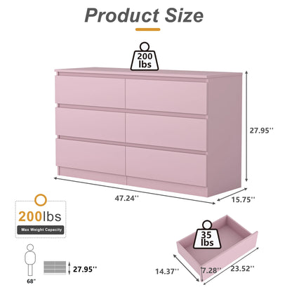 Pink 6-drawer dresser with overall dimension labels