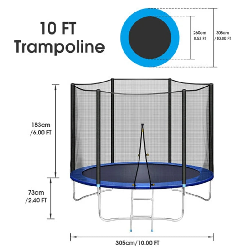 10FT Recreational Trampoline with Safe Enclosure Net, Blue