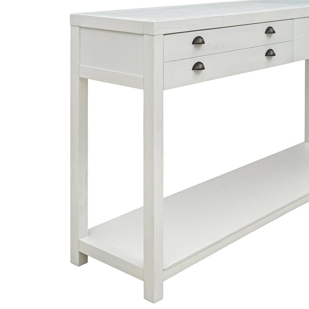 Retro Wooden Console Table with Two Big Top Drawers and Open Style Shelf, White