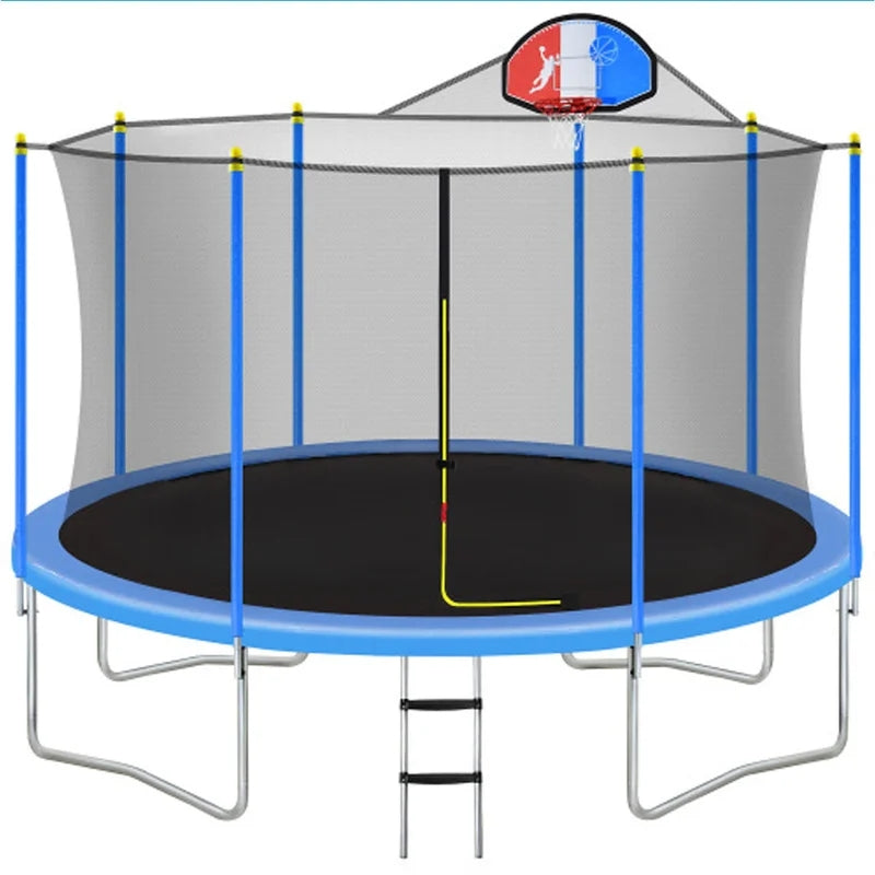 14FT Trampoline for Kids with Safety Enclosure Net, Basketball Hoop and Ladder, Blue