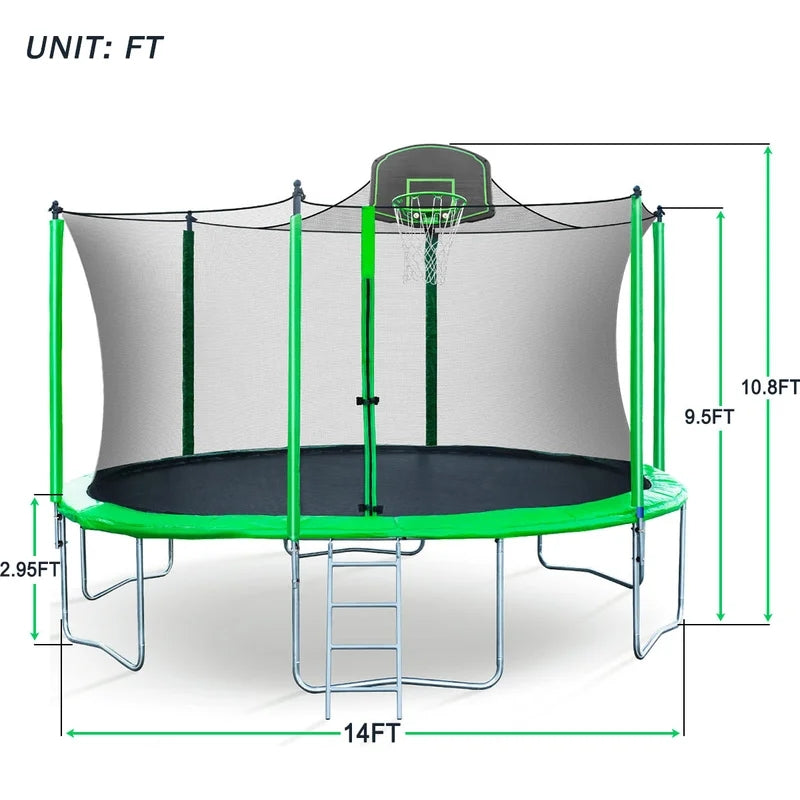 14ft Trampoline For Kids With Safety Enclosure Net, Basketball Hoop And Ladder, Green