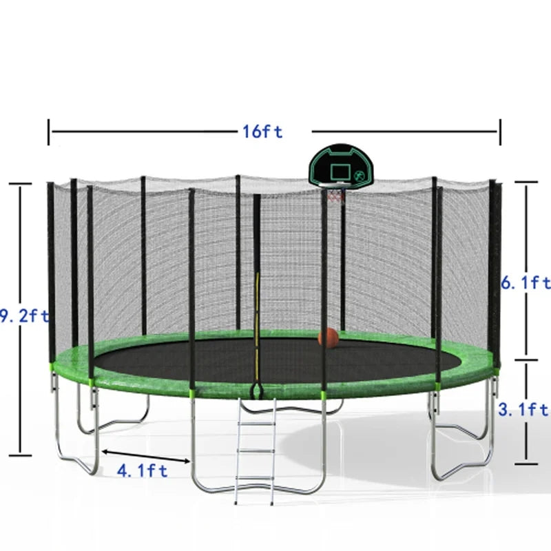 16FT Round Trampoline With Safety Enclosure Net &?Ladder, Basketball Hoop, Green