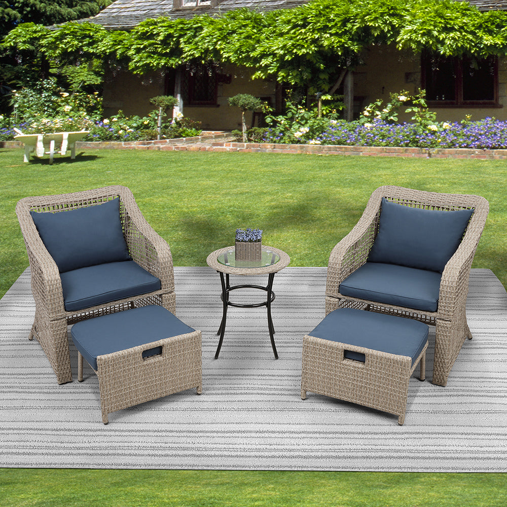 Rattan Wicker Chairs with Stools and Glass Table