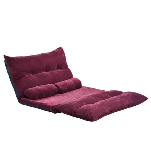 Adjustable Folding Lazy Futon Sofa with Two Pillows, Burgundy