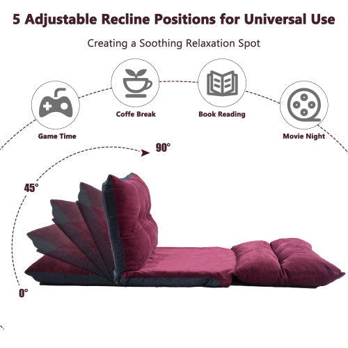 Adjustable Folding Lazy Futon Sofa with Two Pillows, Burgundy