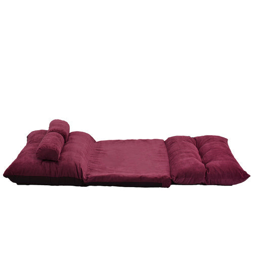 Adjustable Folding Lazy Futon Sofa with Two Pillows, Burgundy