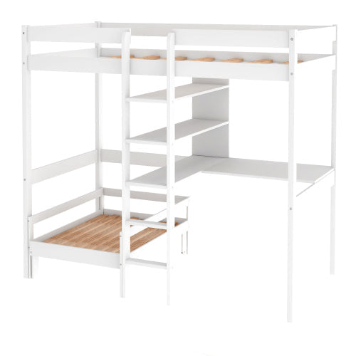 Convertible Loft Twin Bunk Bed with L-Shape Desk, White