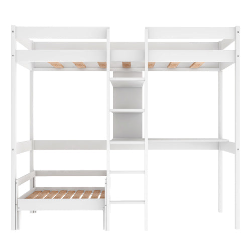 Convertible Loft Twin Bunk Bed with L-Shape Desk, White