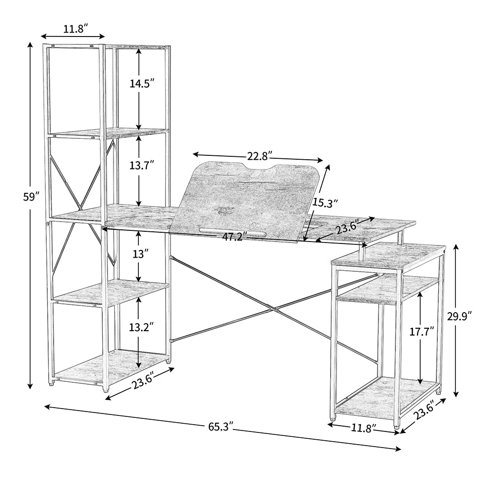 Computer Desk with 5-Tier Bookshelf and 2 Open Shelves