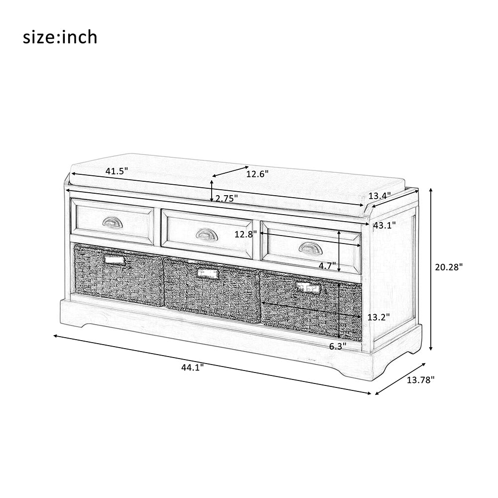 Wooden Storage Bench with 3 Drawers and 3 Baskets