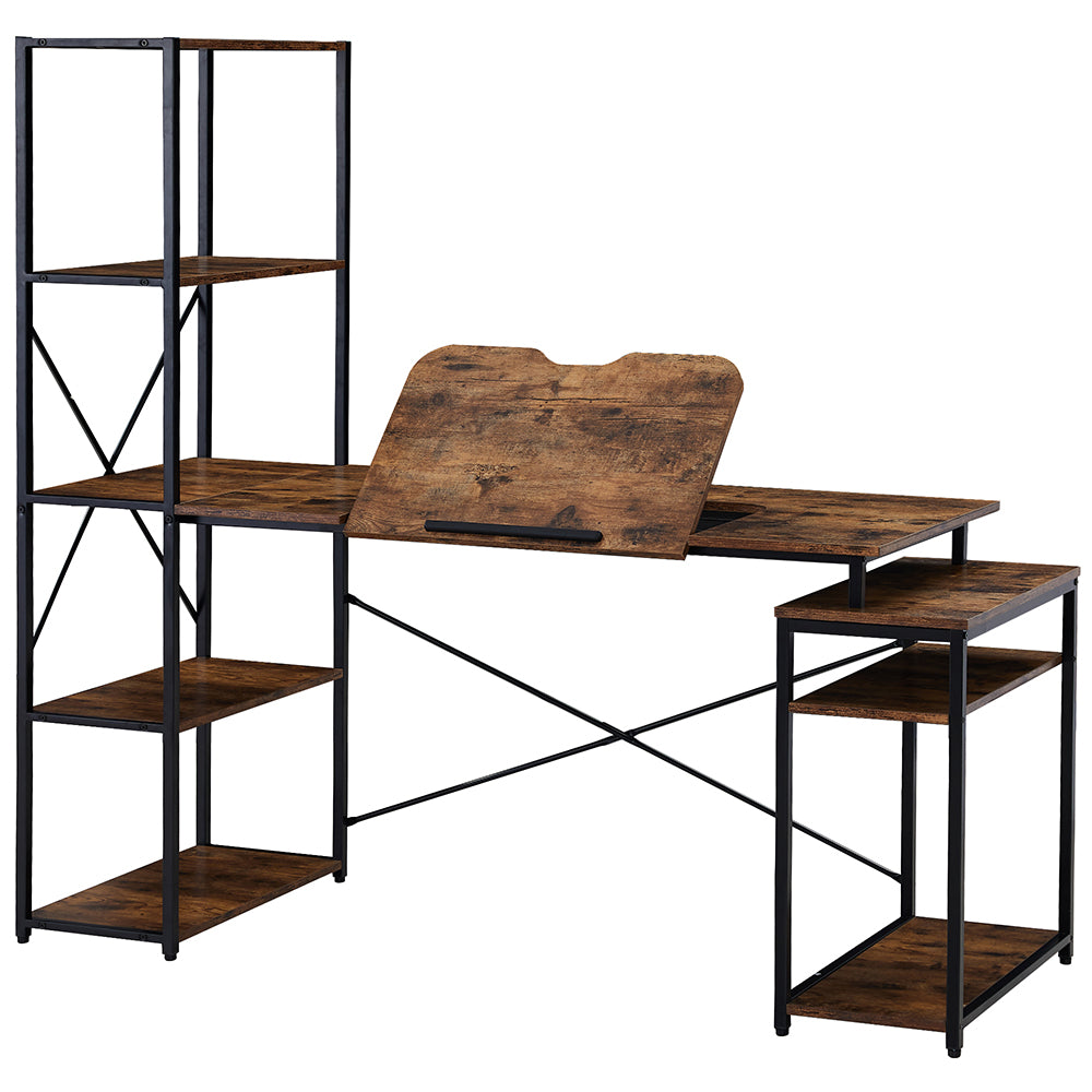 Computer Desk with 5-Tier Bookshelf and 2 Open Shelves