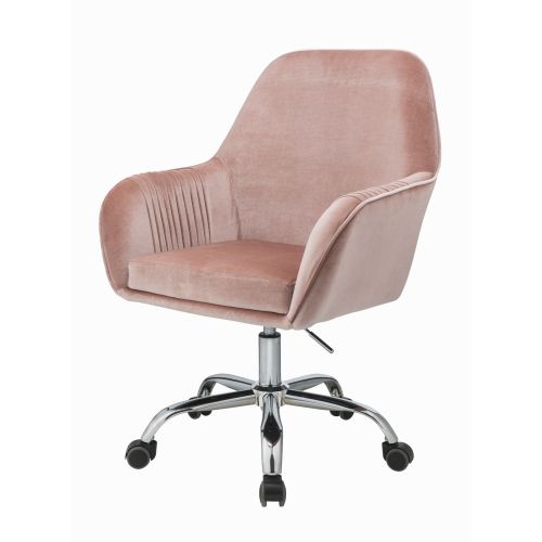 Wide Tufted Office Swivel Armchair, Peach Velvet & Chrome