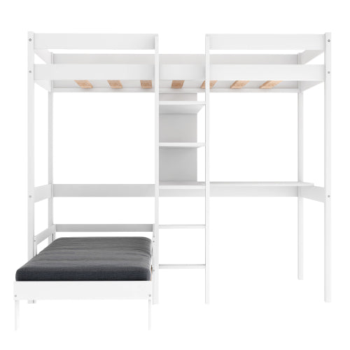 Convertible Loft Twin Bunk Bed with L-Shape Desk, White