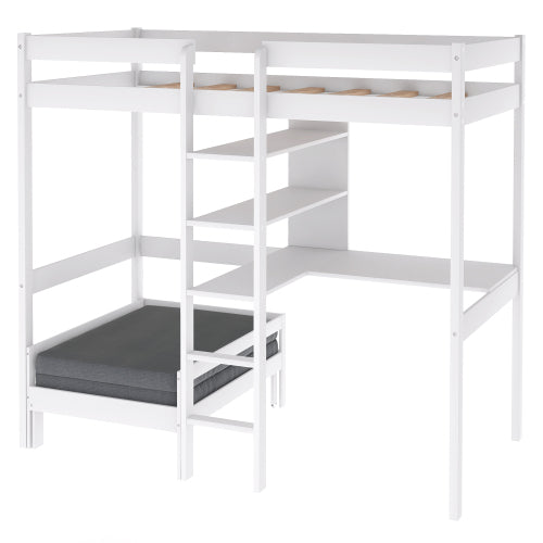 Convertible Loft Twin Bunk Bed with L-Shape Desk, White