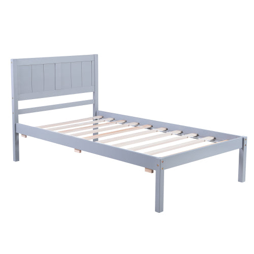 Wooden Platform Bed with Headboard, Gray