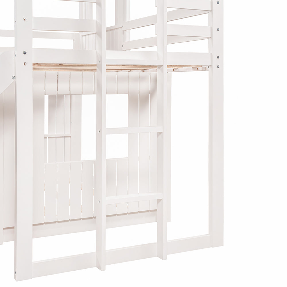 Twin Over Full Loft Bunk Bed with Playhouse, Ladder and Slide, White